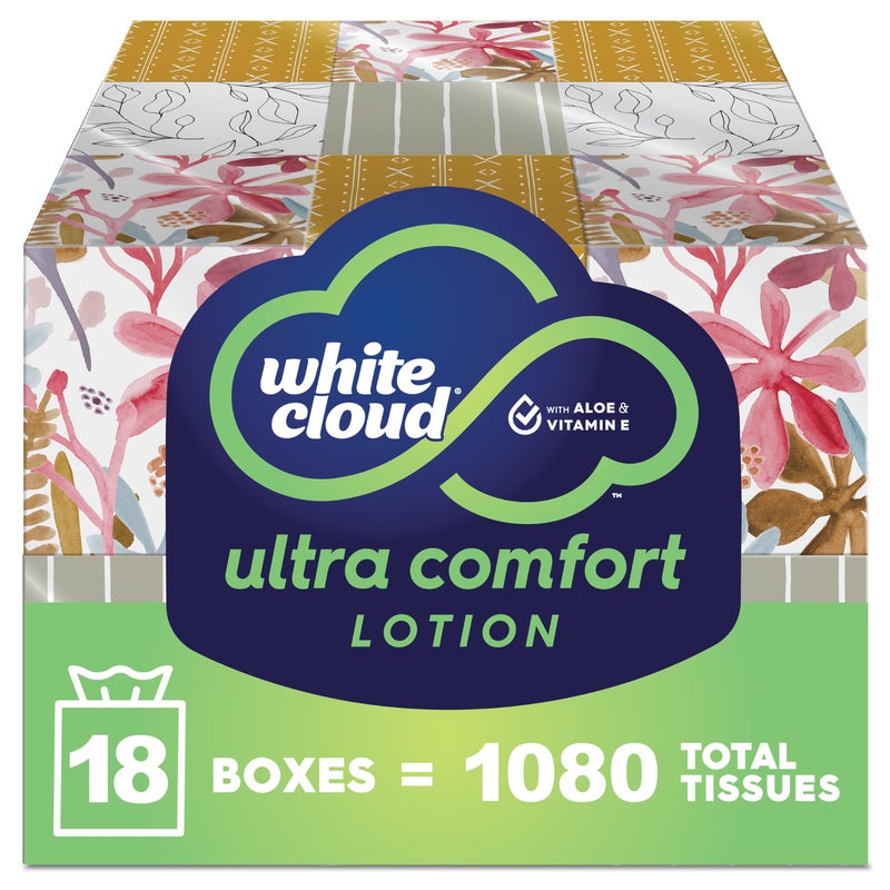 White Cloud Ultra Comfort Lotion 3Ply Facial Tissue with Aloe Vitamin E 18 Box Multipack 60 Tissues Per Box